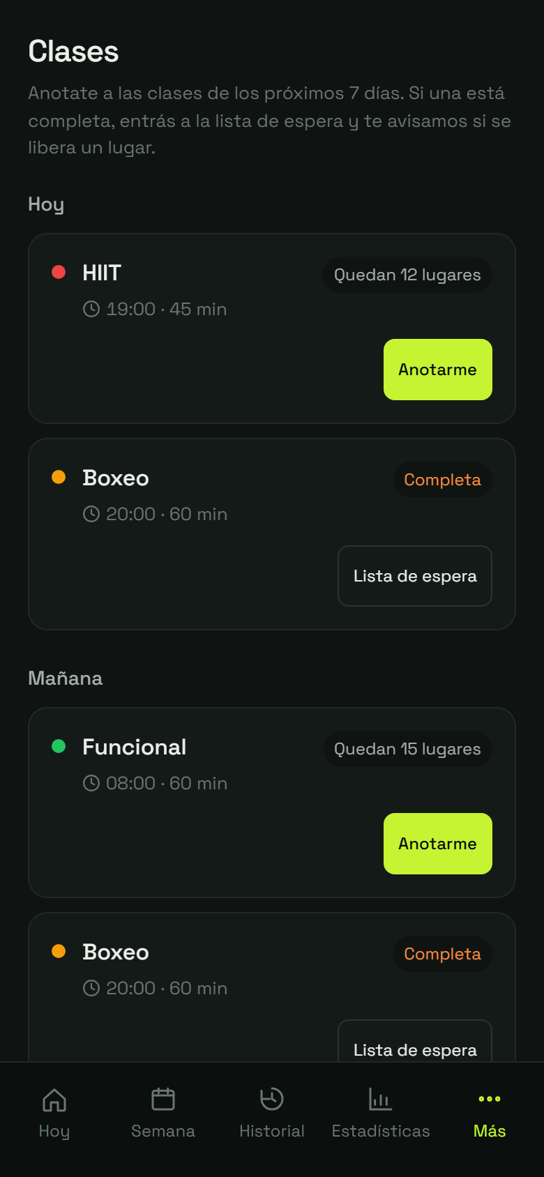 Paso 3: Ves las clases de los próximos 7 días