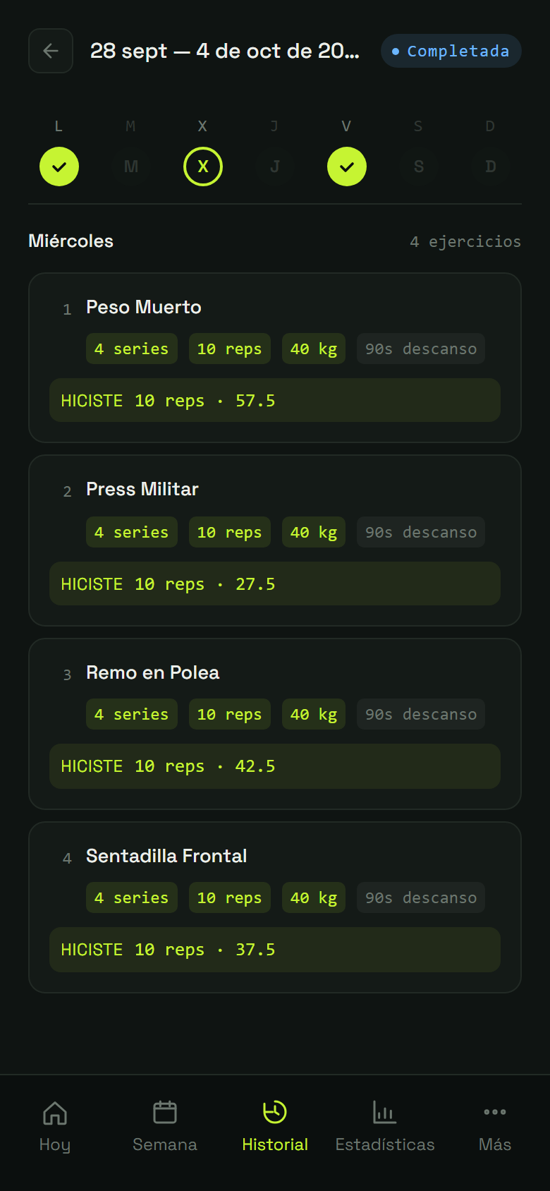 Paso 8: Cada uno con series, reps, peso y descanso