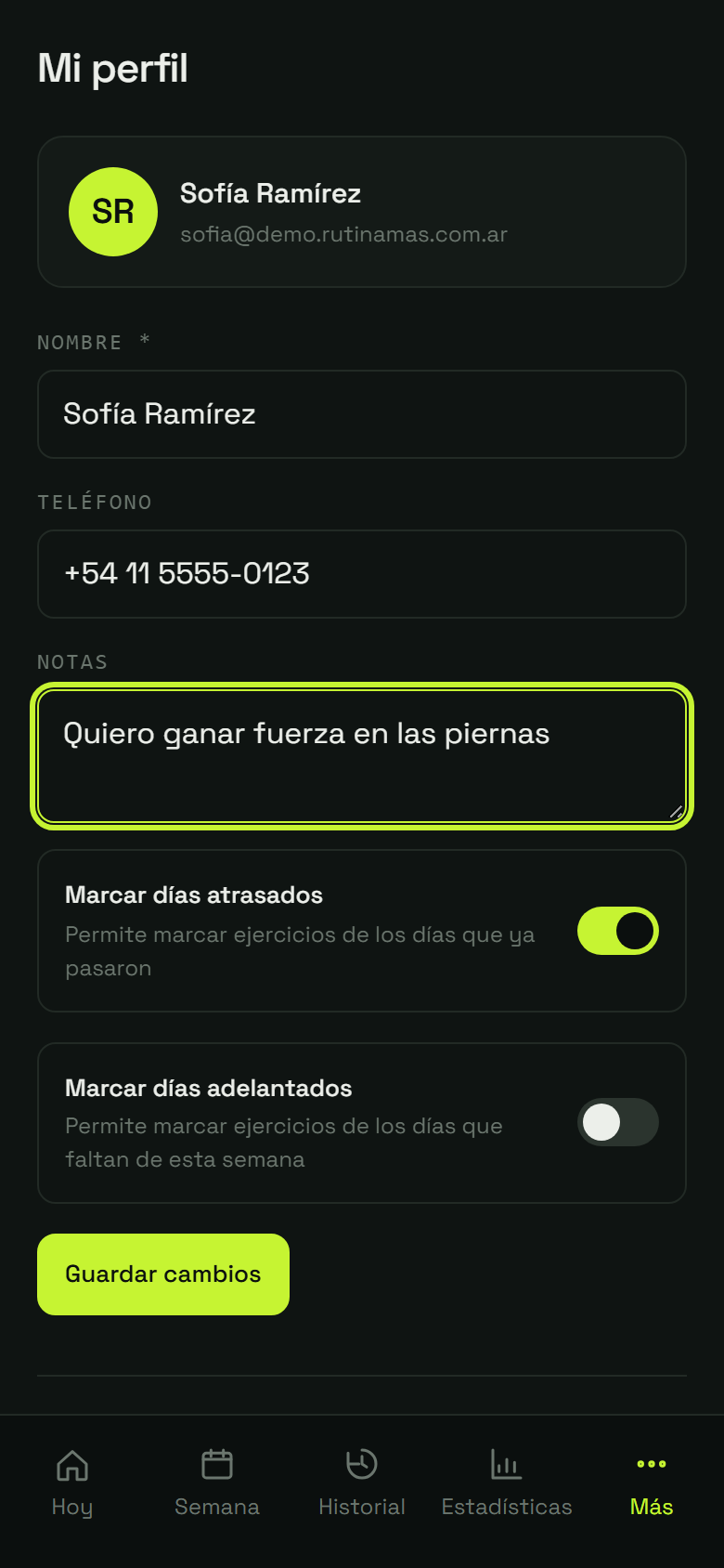 Paso 5: En “Notas”, tus objetivos o lesiones